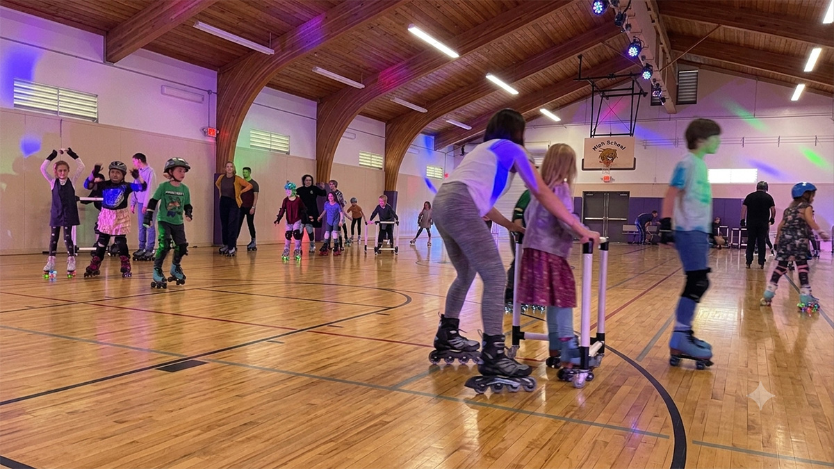 Image edited with AI: a Monterey Skates event in full swing — skates, sound, lights, and a full floor